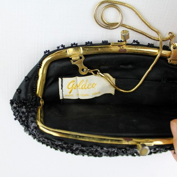 Vintage Black Beaded Purse Kiss Clasp Pouch Purse Frame Serpent Chain Gold PU30 - Picture 11 of 11